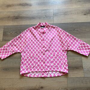 BALA BALA PINK & WHITE POLKADOT BLAZER, BLOUSE SIZE SMALL HI/LOW NEW W/TAGS